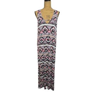 Lyss Loo Sleeveless V-Neck Maxi Dress Sz 1X Pink Aztec Stripe